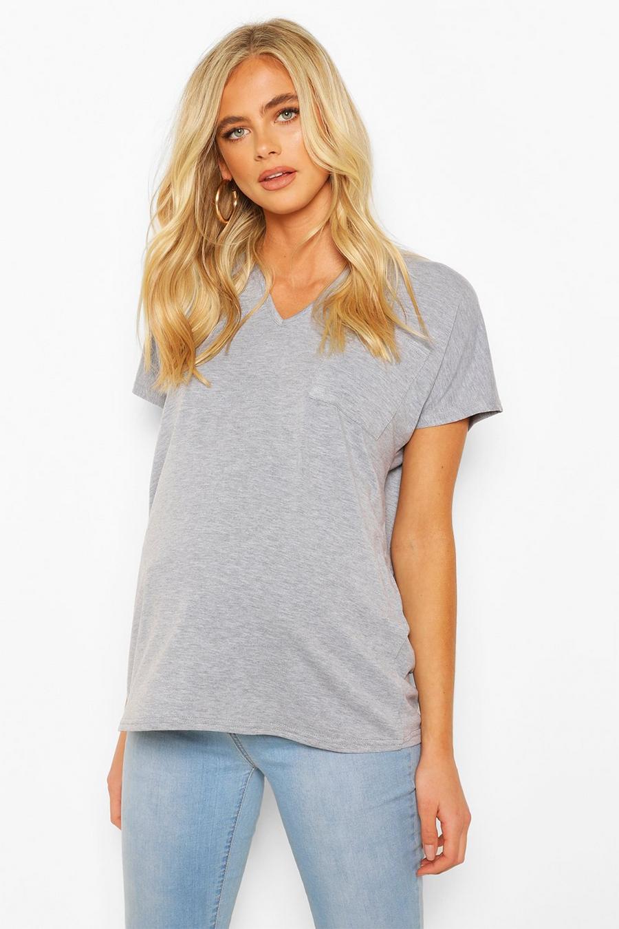 Grey Maternity Pocket V-neck T-shirt image number 1