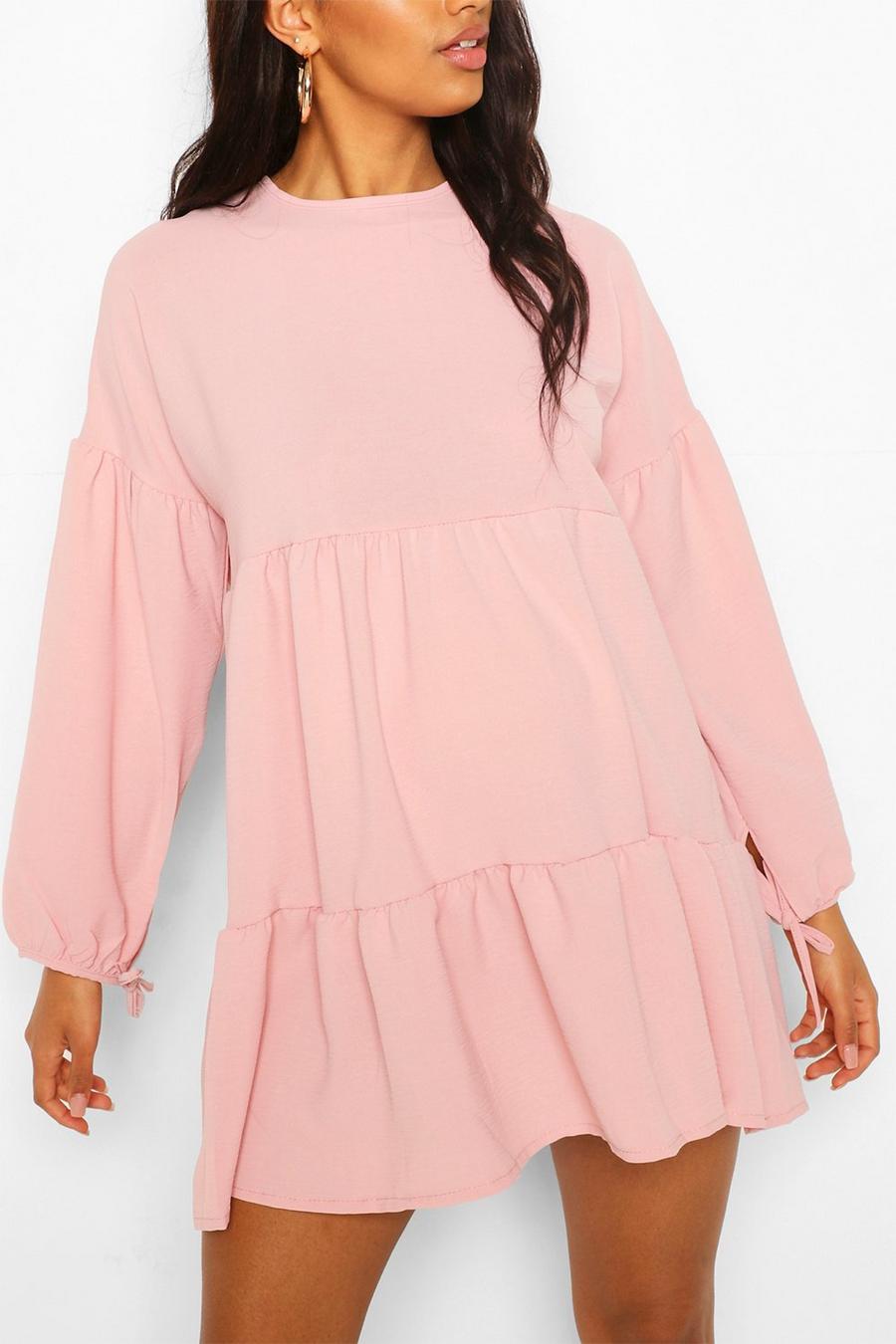 Umstandsmode Gestuftes Smok-Kleid mit gebundenen Ärmeln, Rosé image number 1