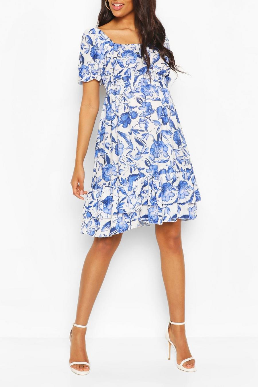 Umstandsmode Smok-Kleid aus Webstoff mit Blumenmuster, Blau image number 1