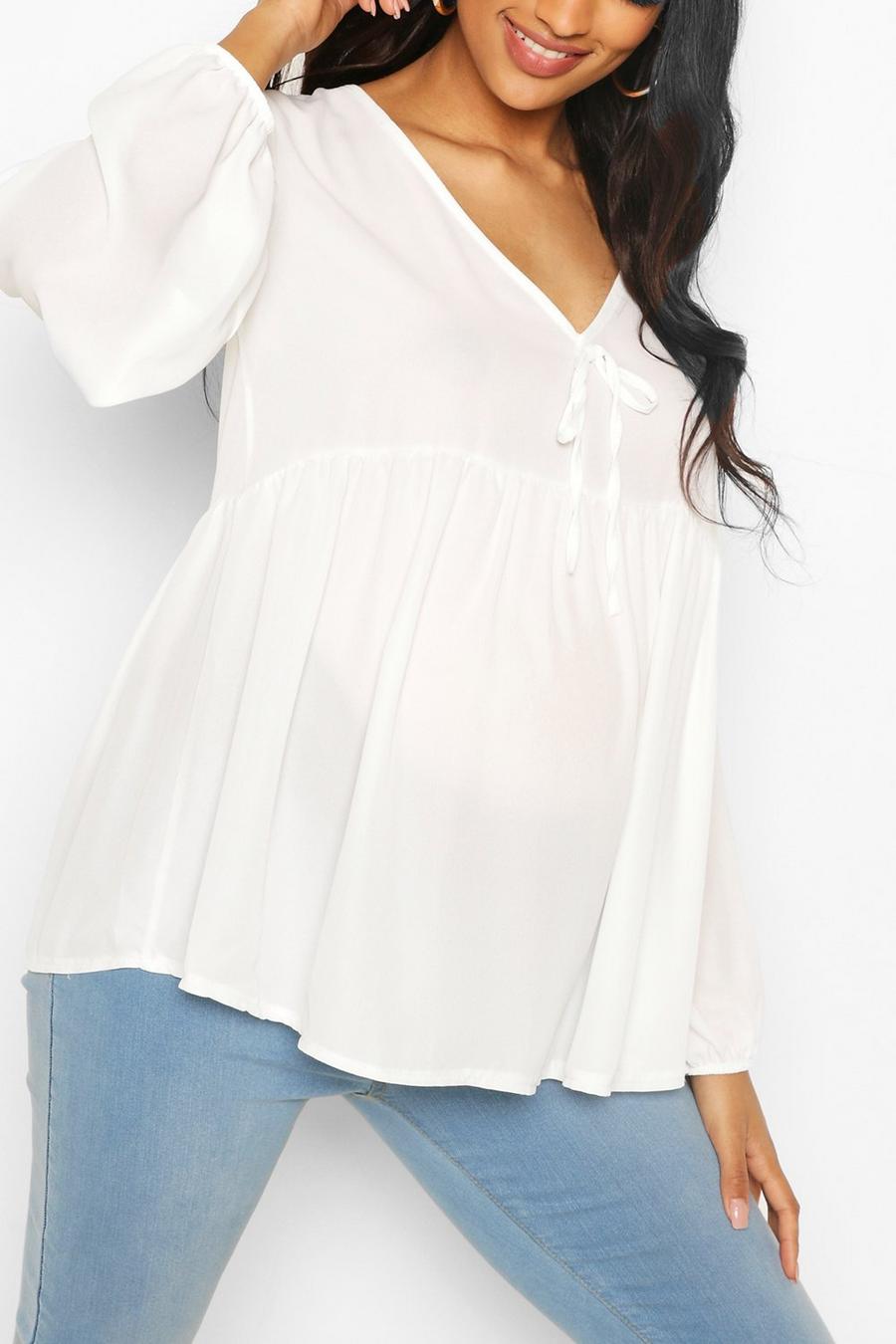 White Maternity Drape Sleeve Woven Smock Top image number 1