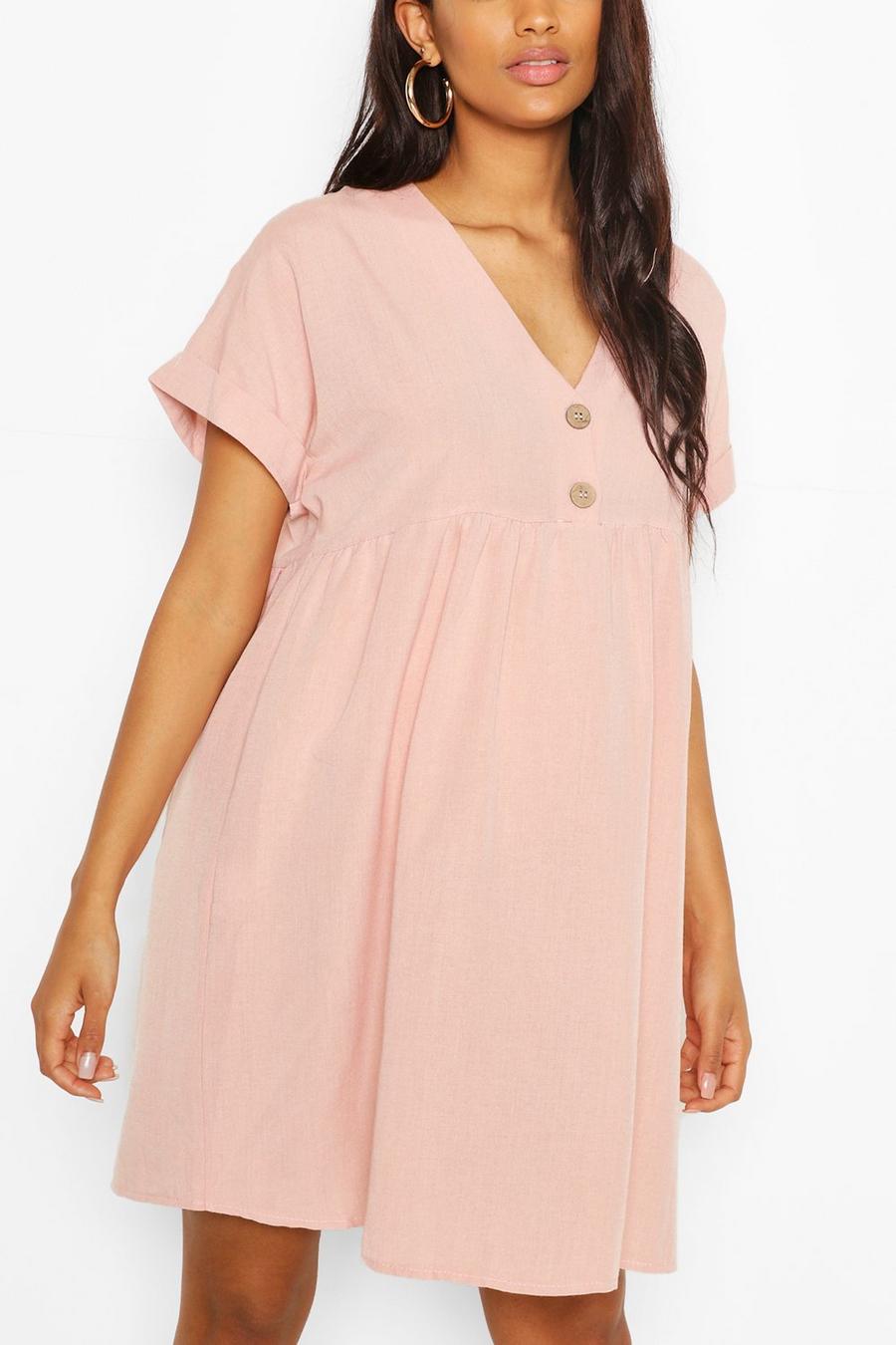 Pastel pink Maternity Button Front Linen Smock Dress