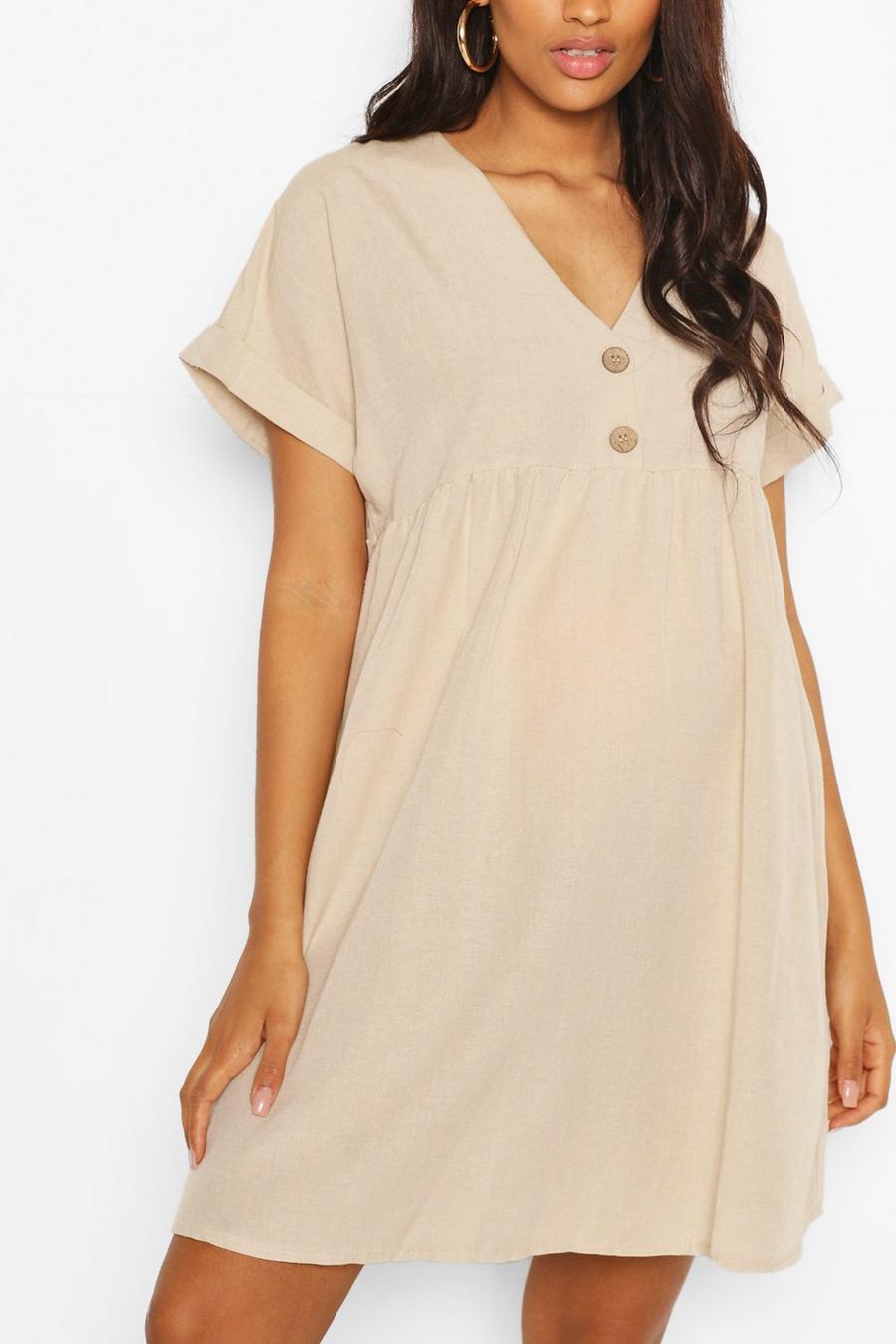 Stone Maternity Button Front Linen Smock Dress image number 1
