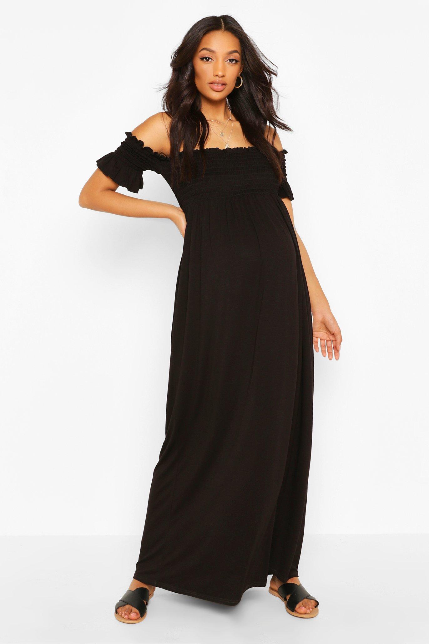 black shirred maxi dress
