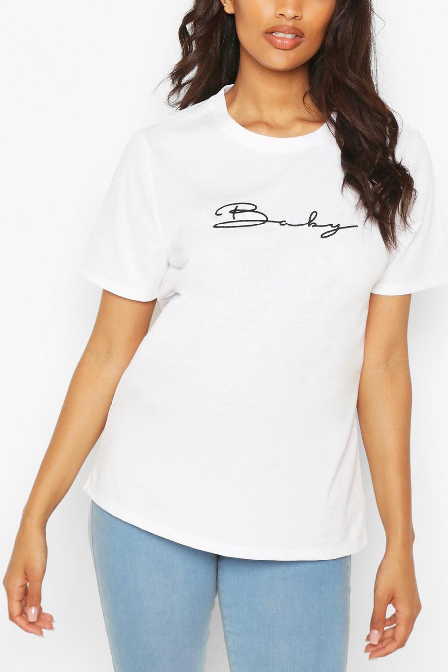 Wit Positiegeborduurd T-shirt met zwangerschap image number 1