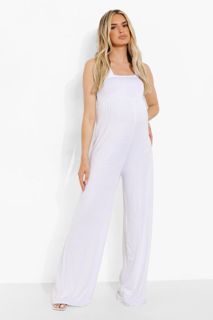 White Maternity Shirred Wide Leg Jumpsuit image number 1