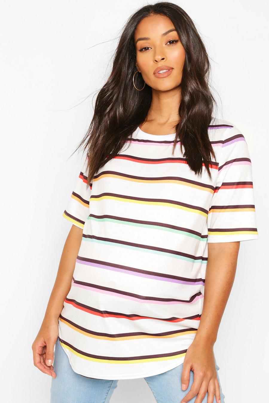 Umstandsmode T-Shirt mit Streifen in Regenbogenfarben, Weiß image number 1