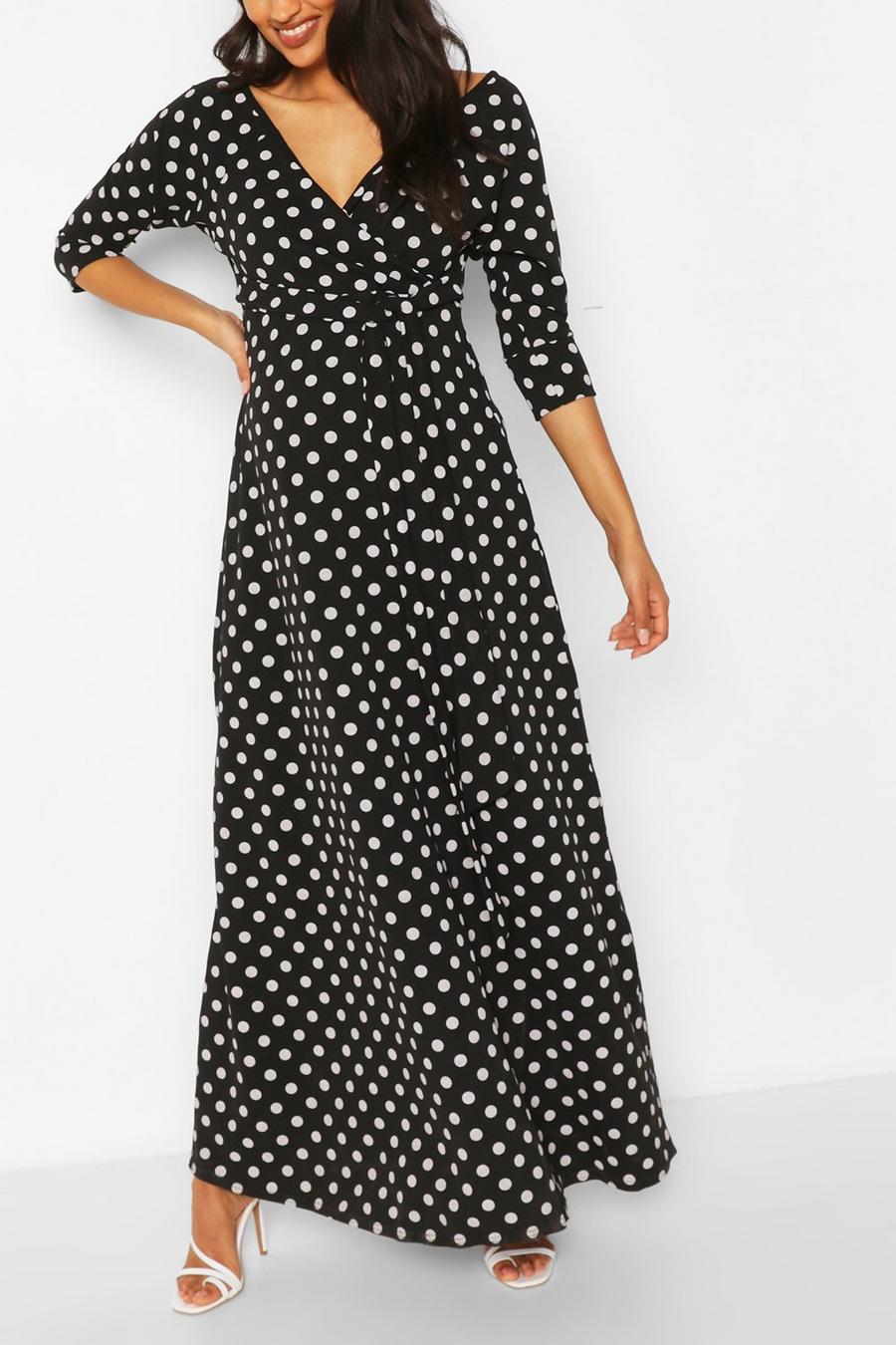 שחור שמלת מקסי מעטפת עם נקודות פולקה בגדי היריון image number 1