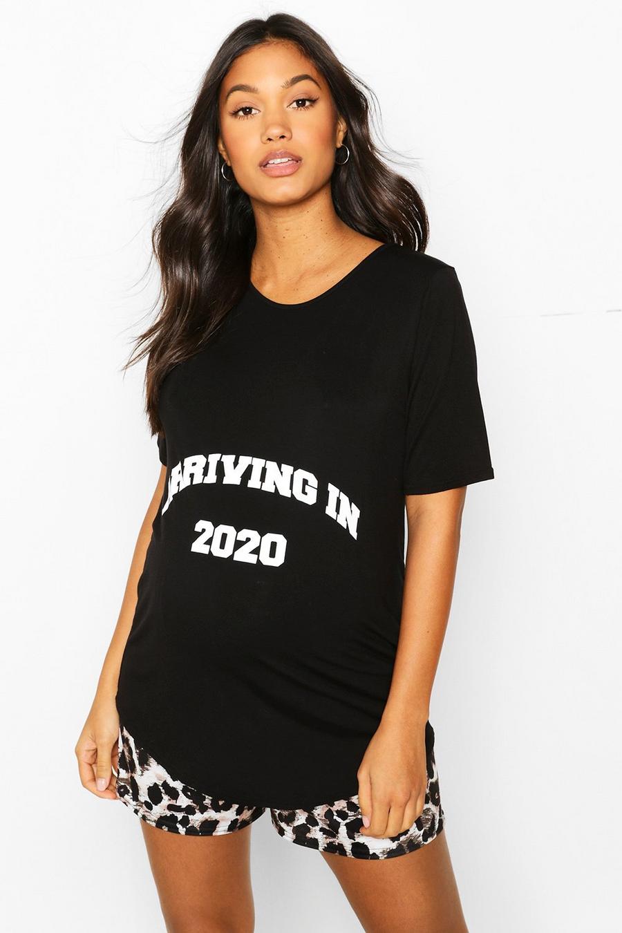 סט פיג'מה קצר מנומר עם הדפס 'Arriving In 2020' בגדי היריון image number 1