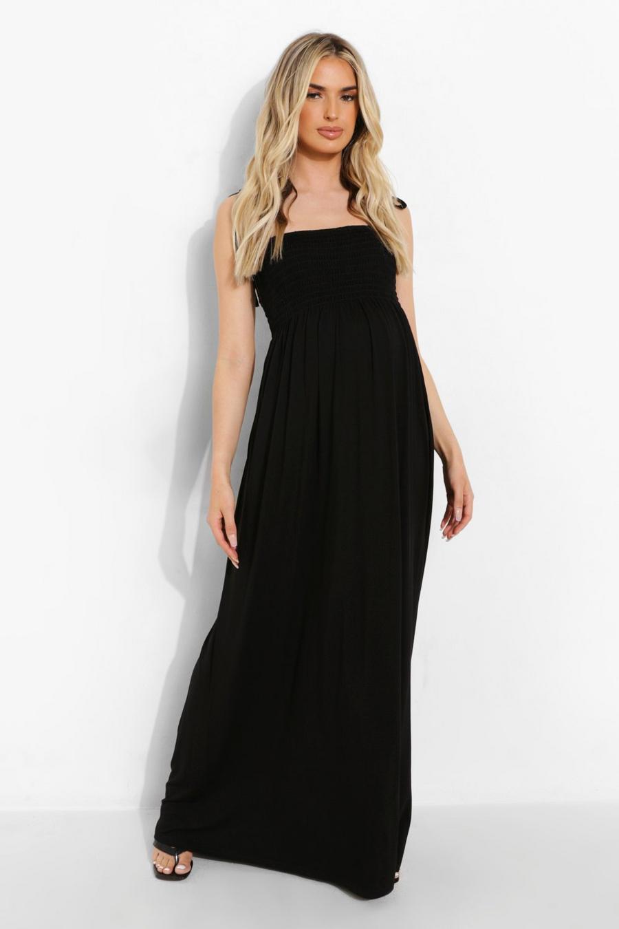 Black Maternity Sheering Tiered Maxi Dress image number 1