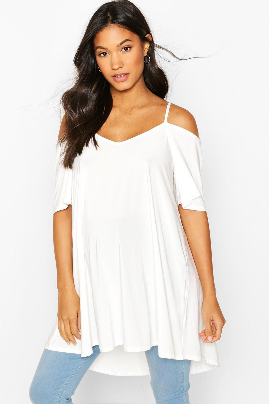 White vit Maternity Cold Shoulder Slinky Tunic Top image number 1