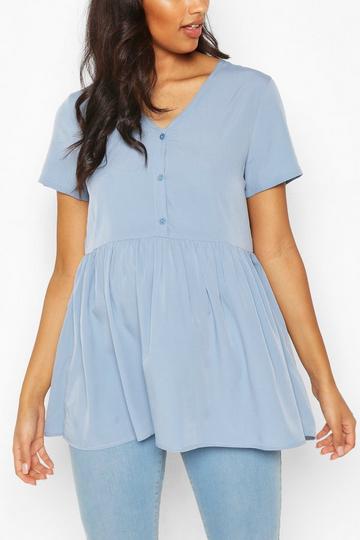Maternity Button Front Woven Smock Top pale blue