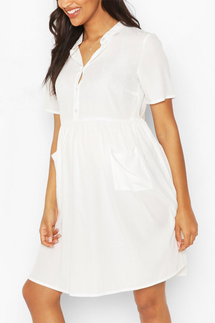 לבן שמלת סמוק עם כיס וכפתורים בחזית בגדי היריון image number 1