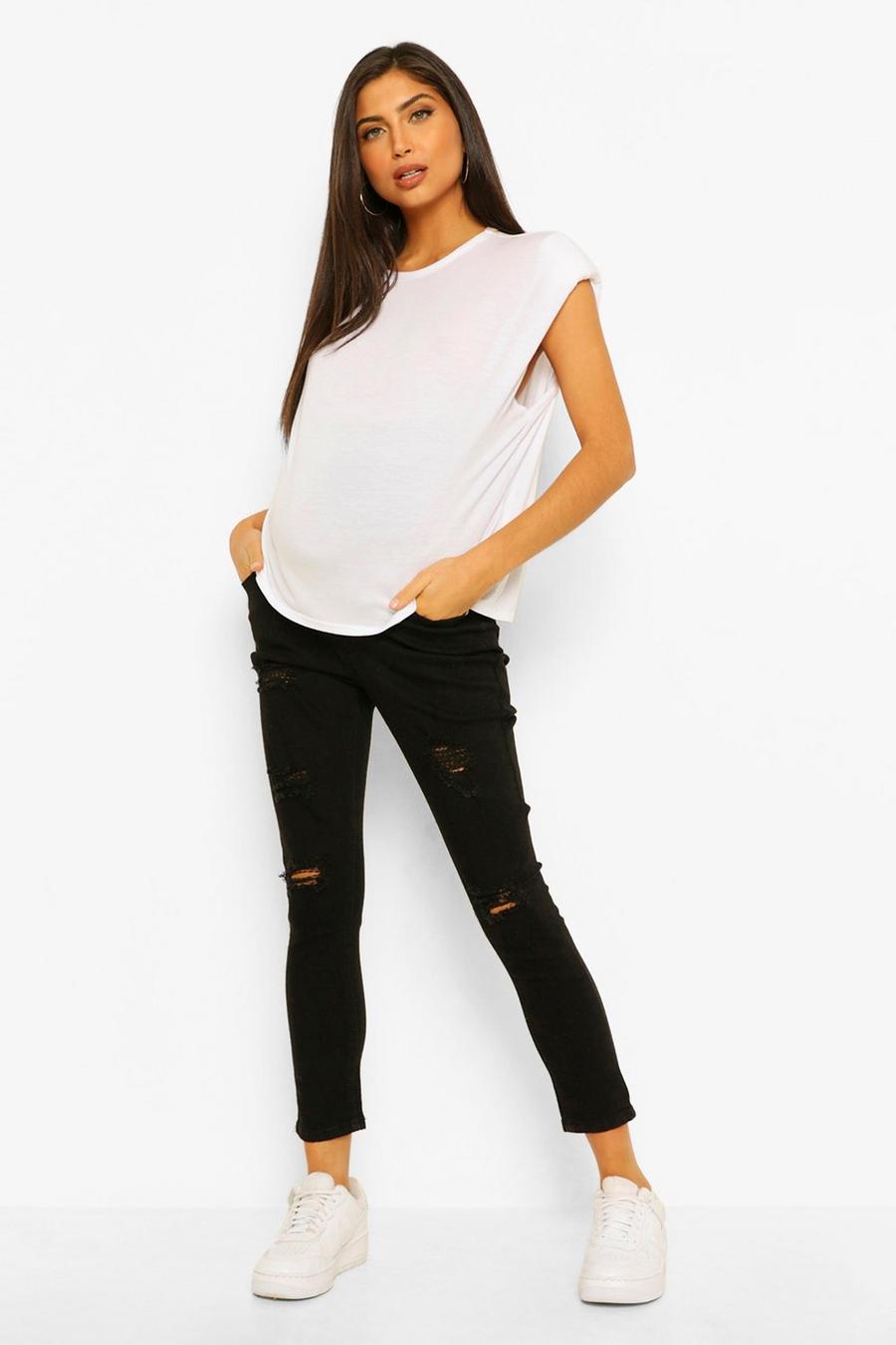 Black Maternity Over Bump Distressed Skinny Jeans image number 1