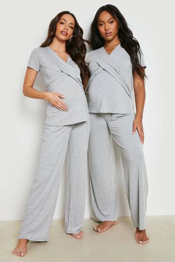 Maternity Wrap Front Nursing Pajama Pants Set grey