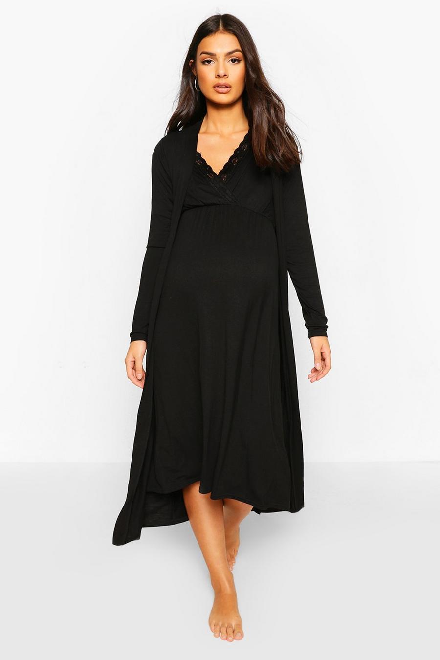 Black Maternity Nursing Nightgown & Robe Set image number 1