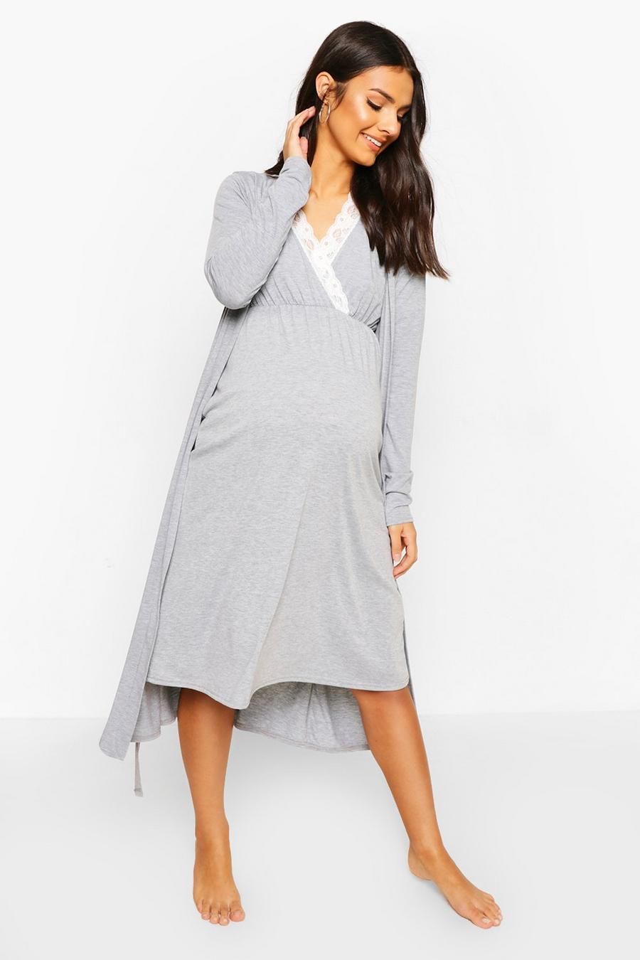 Grey marl Maternity Nursing Nightgown & Robe Set image number 1