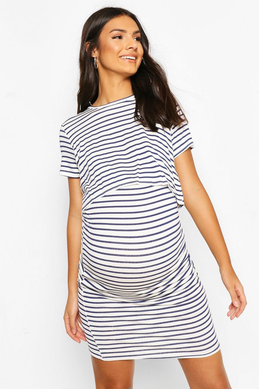 Navy Maternity Stripe Nursing Dress image number 1