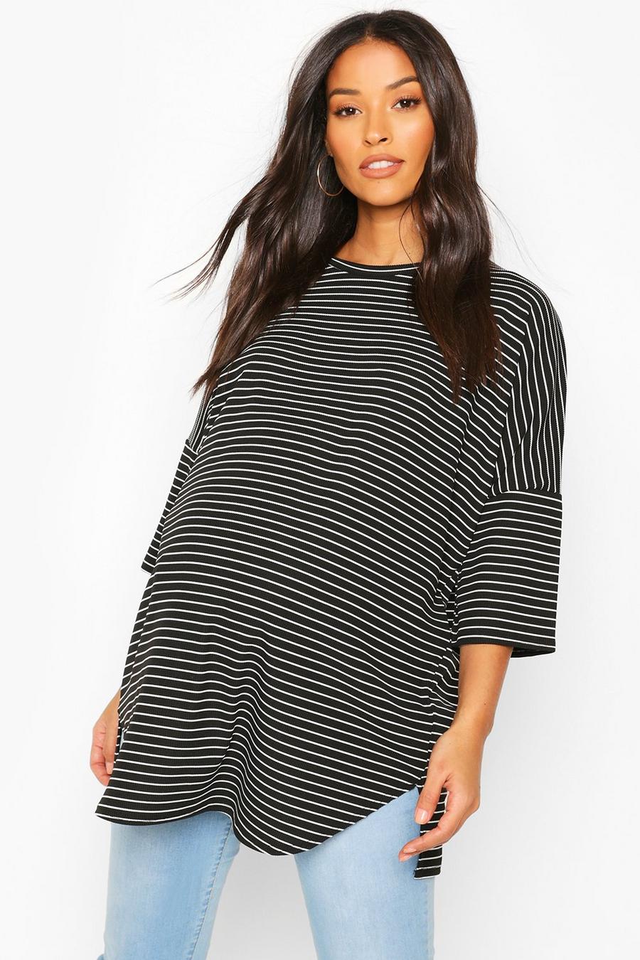 Maternité - T-shirt de grossesse oversize côtelé à rayures, Noir image number 1