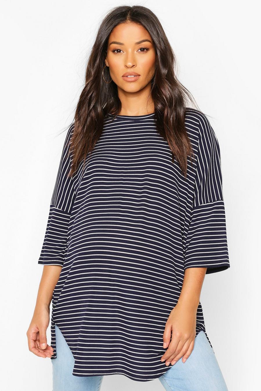 Maternité - T-shirt de grossesse oversize côtelé à rayures, Navy image number 1