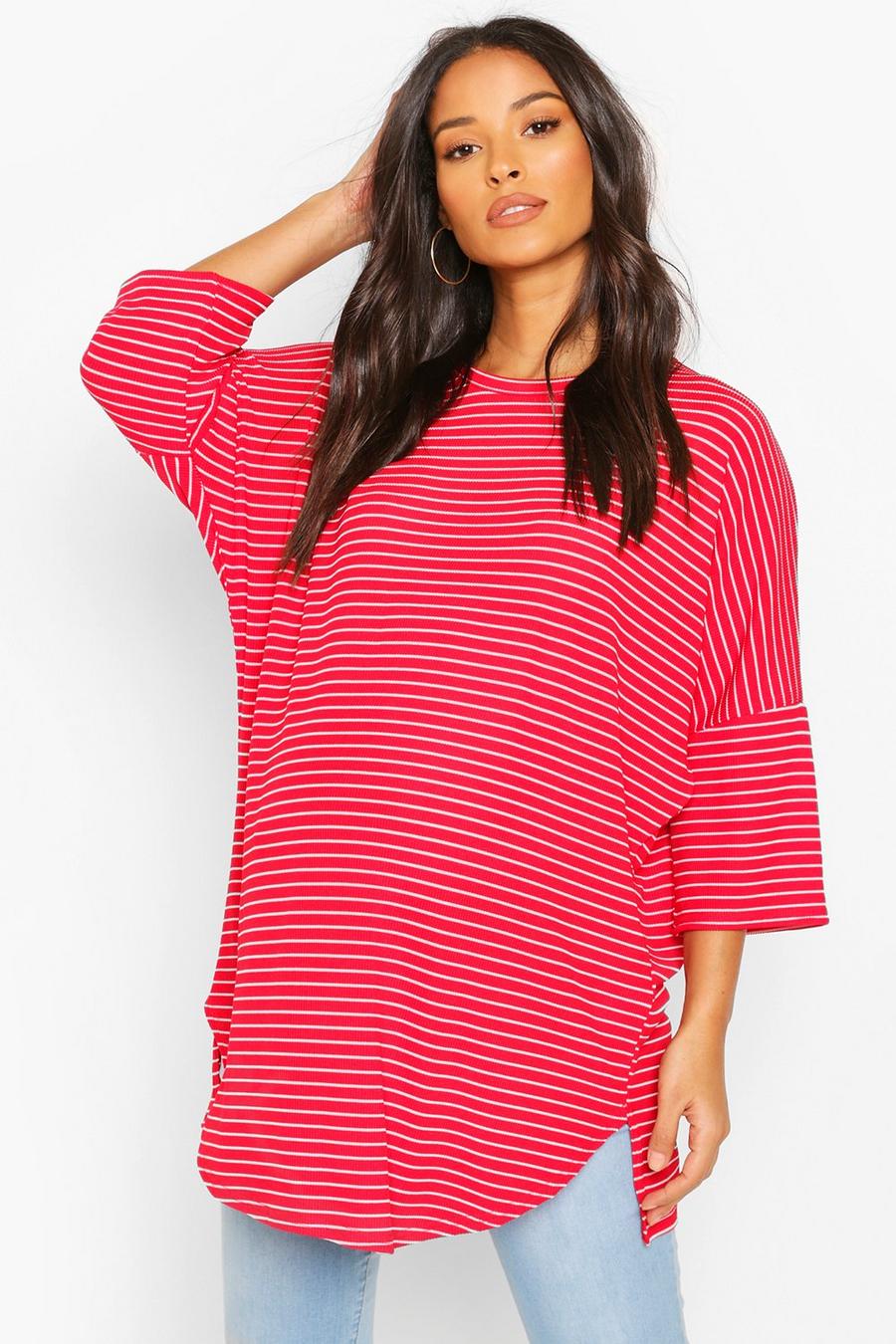 Red Maternity Oversized Stripe Ribbed T-Shirt image number 1