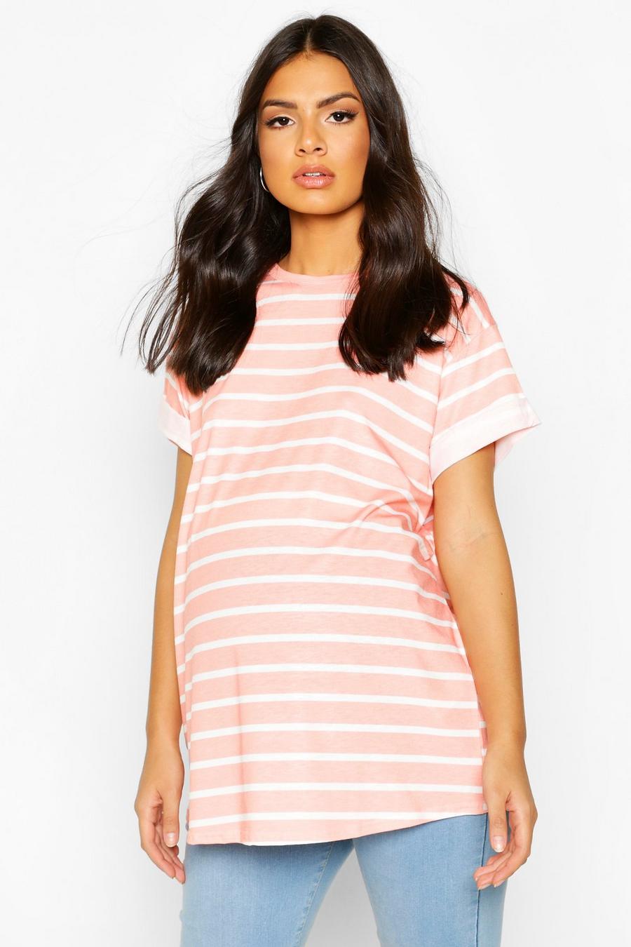 Pink Maternity Short Sleeve Stripe T-Shirt image number 1