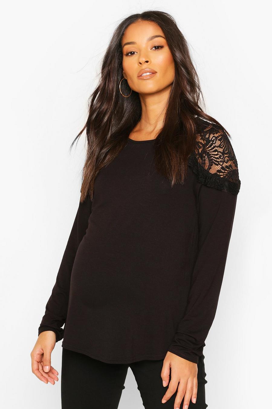 Black Maternity Lace Shoulder Detail Top image number 1