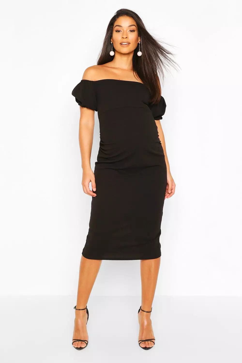 Maternity ruffle off outlet the shoulder midi dress