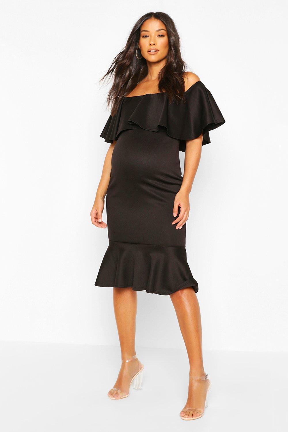 boohoo petite bardot wrap bodycon midi dress in black