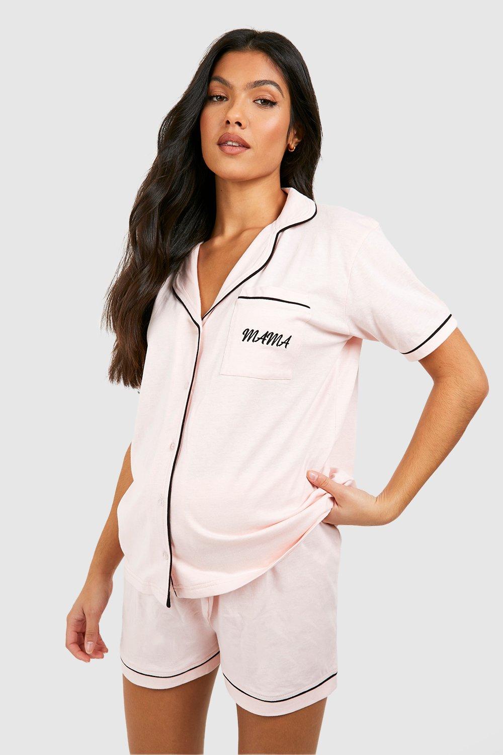 Women s Maternity Piping Embroidered Mama Pyjamas Boohoo UK