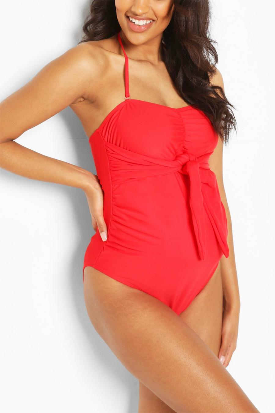 Red Maternity Tie Front Halterneck Swimsuit image number 1