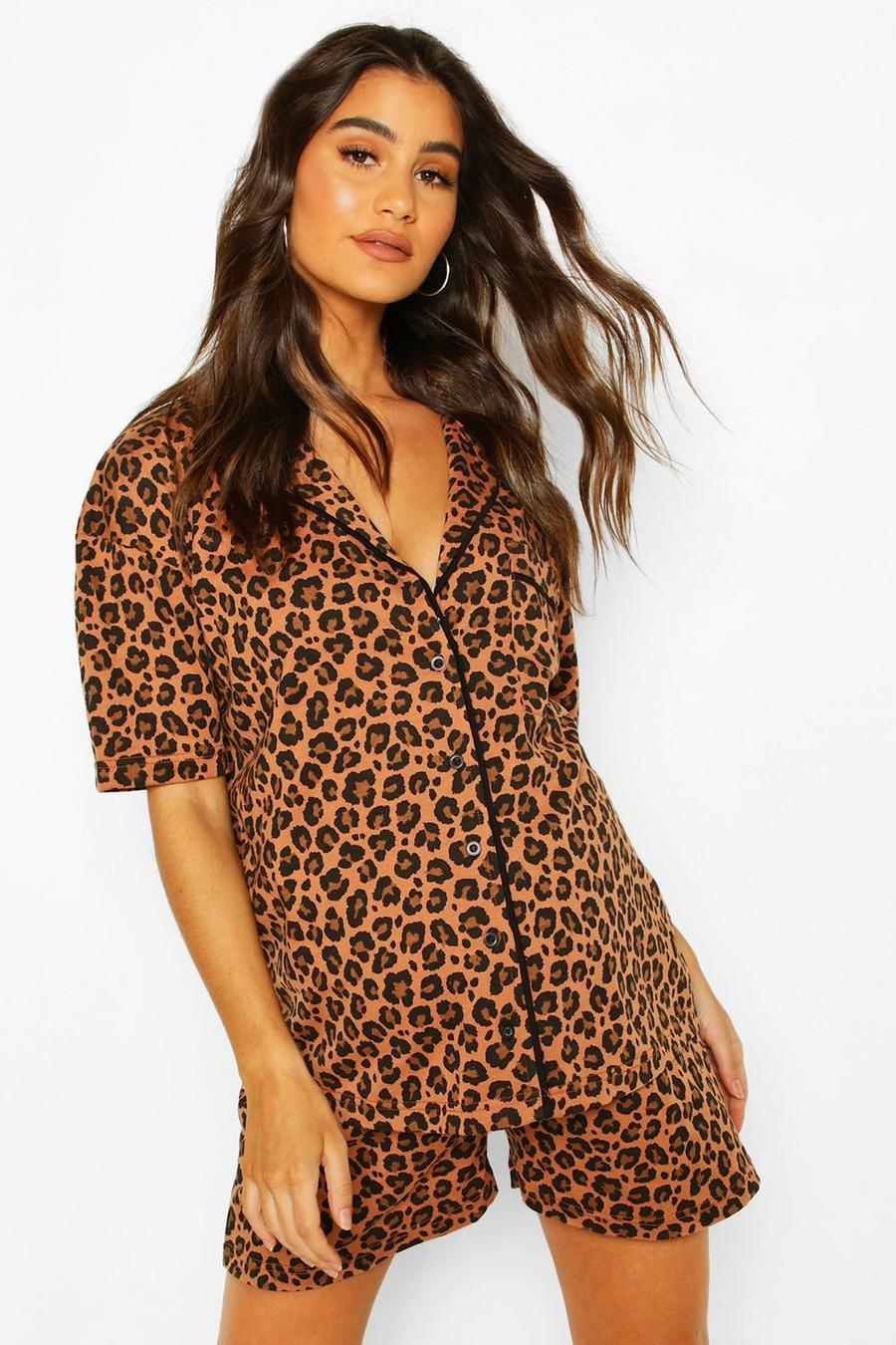 Ensemble pyjama de maternité court détail passepoil imprimé léopard, Marron image number 1