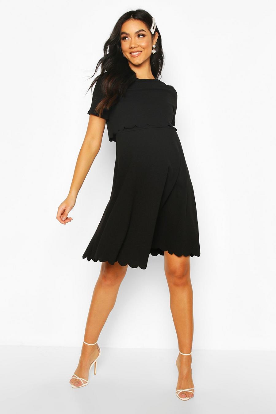 Black Maternity Double Layer Scallop Skater Dress image number 1