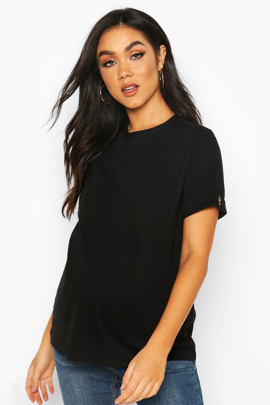 Zwart Zwangerschap Recht Katoenen T-Shirt Met Omgeslagen Mouwen En Knopen image number 1