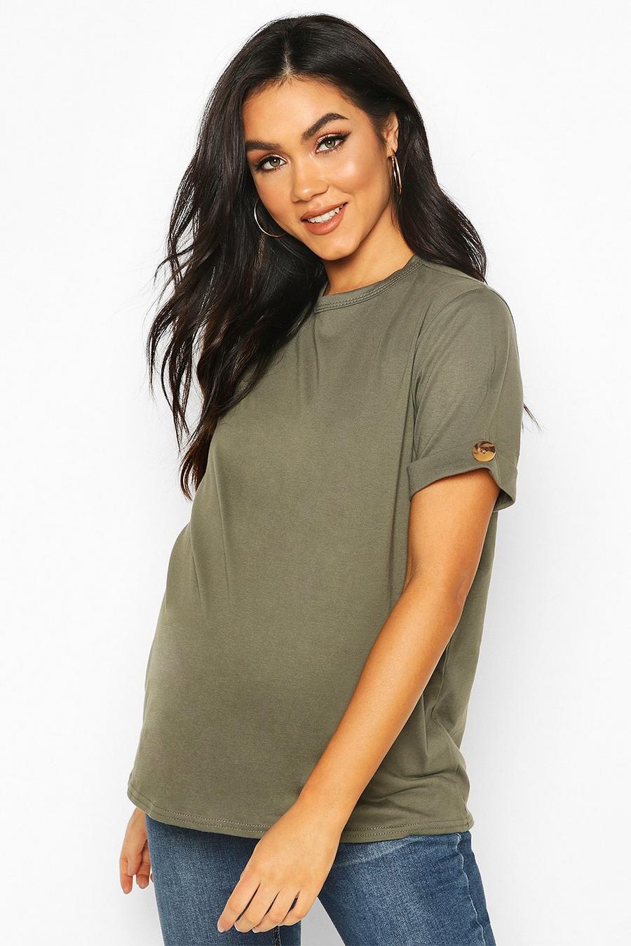 Khaki Maternity Button Turn Up Cuff Boxy Cotton T-Shirt image number 1