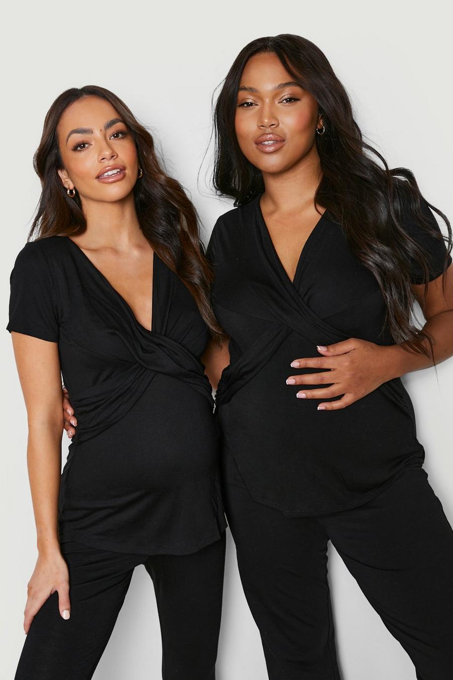 Black svart Maternity Wrap Front Nursing T-Shirt