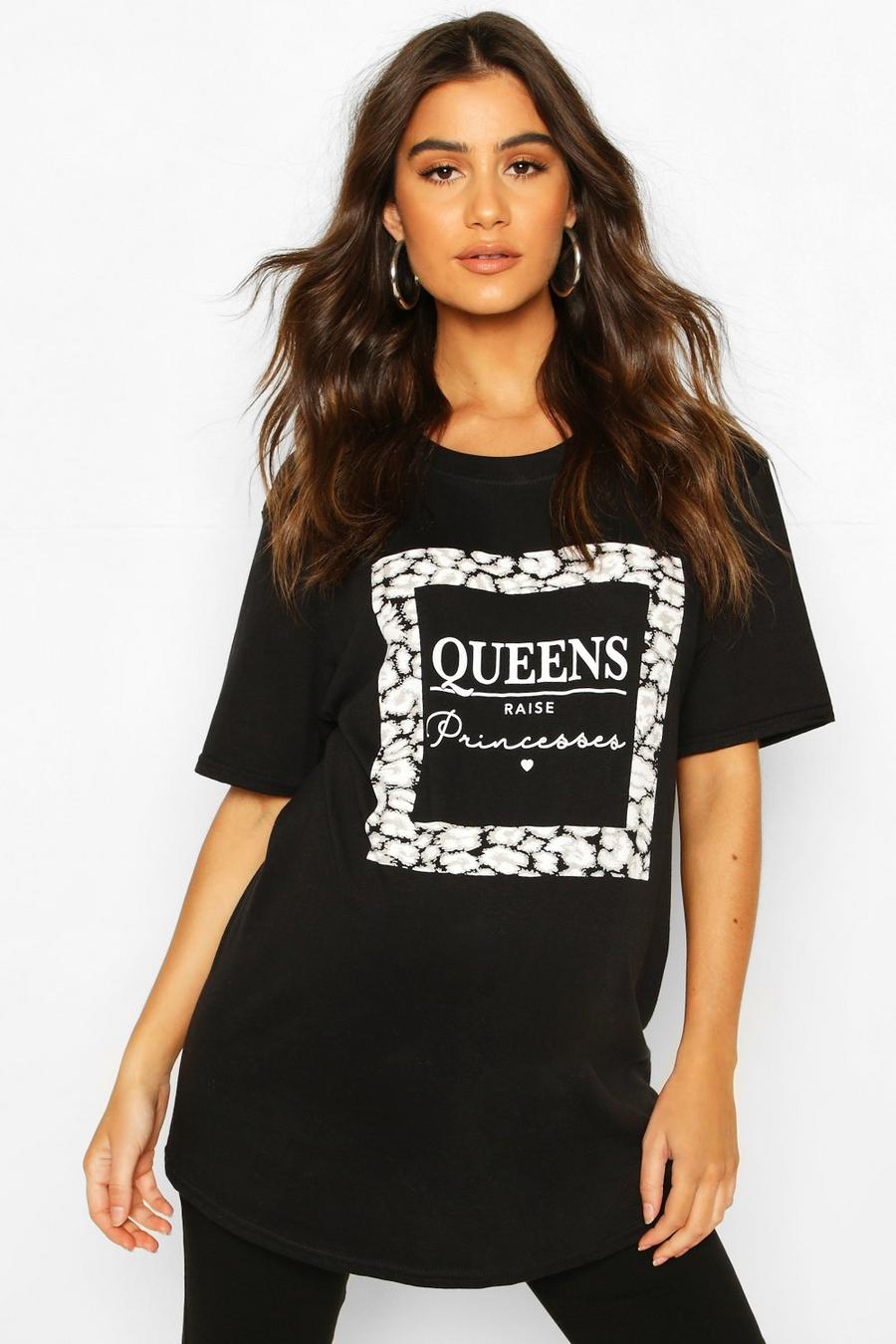 Umstandsmode T-Shirt mit „Queen Raise Princesses“-Slogan, Schwarz image number 1