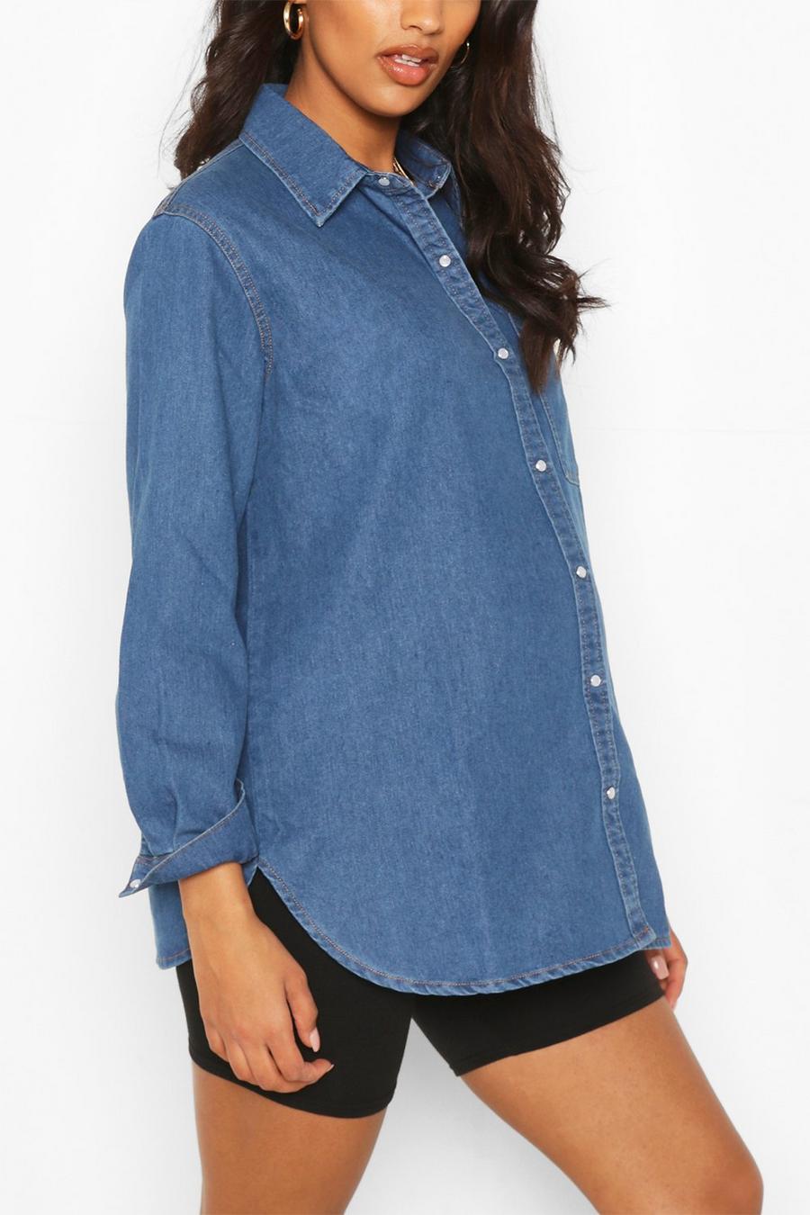 כחול ביניים חולצת אוברסייז מבד ג'ינס בגדי היריון  image number 1