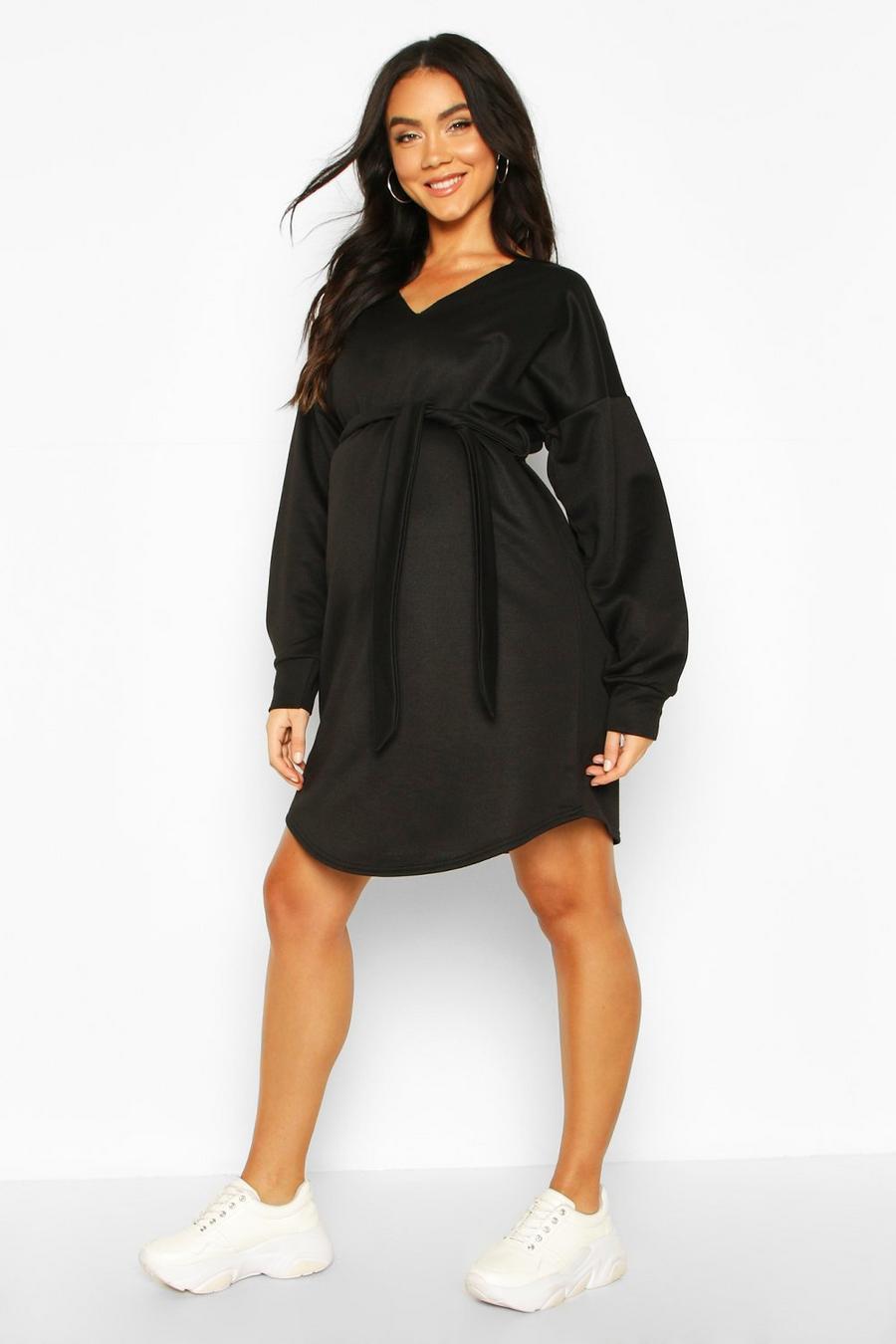 שחור שמלת סווטשרט עם קשירה במותן בגדי היריון  image number 1
