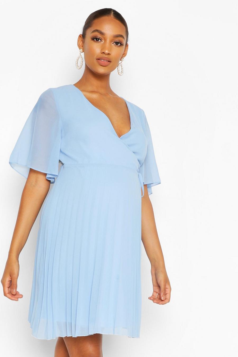 Blue Maternity Pleated Wrap Skater Dress image number 1