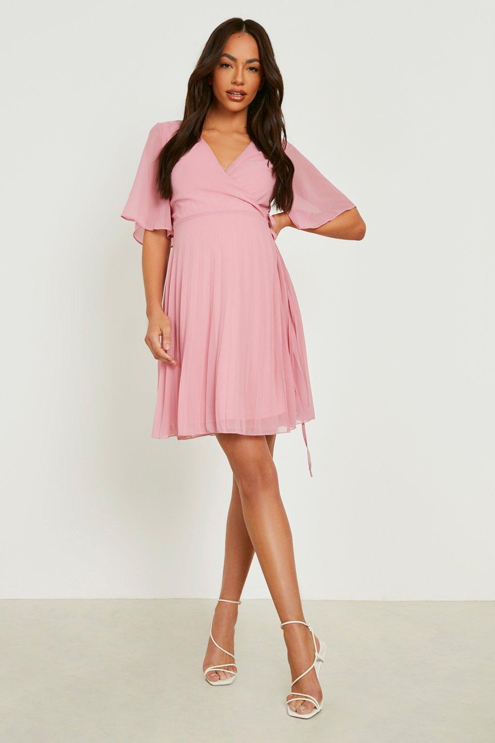 pleated wrap midi dress