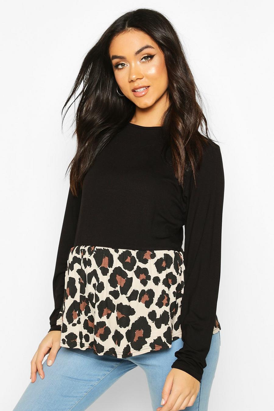 Mammakläder - Långärmad smocktopp med leopardmönstrad kontrastpanel image number 1