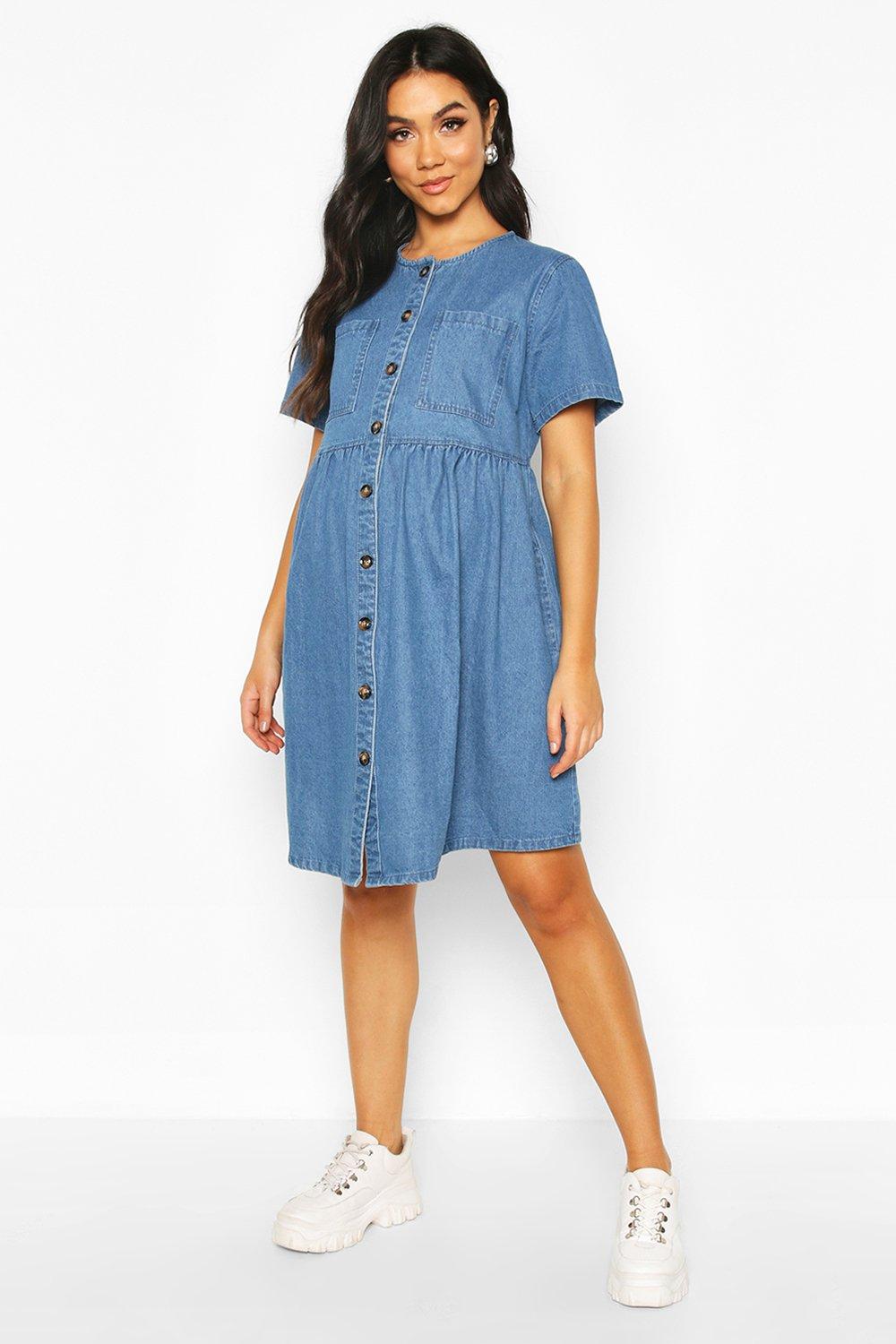 smocked denim dress