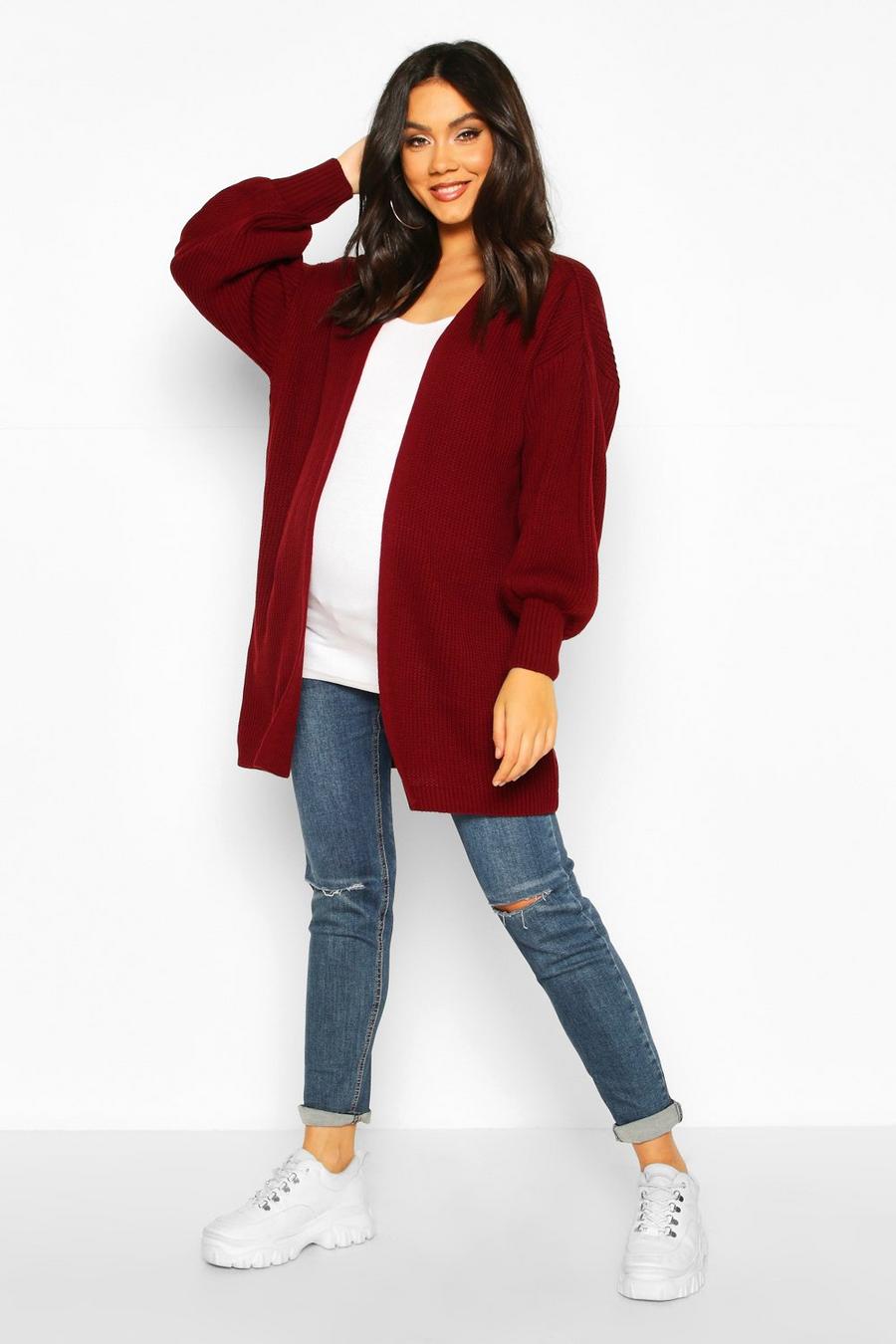 Berry red Maternity Bell Sleeve Knitted Cardigan image number 1
