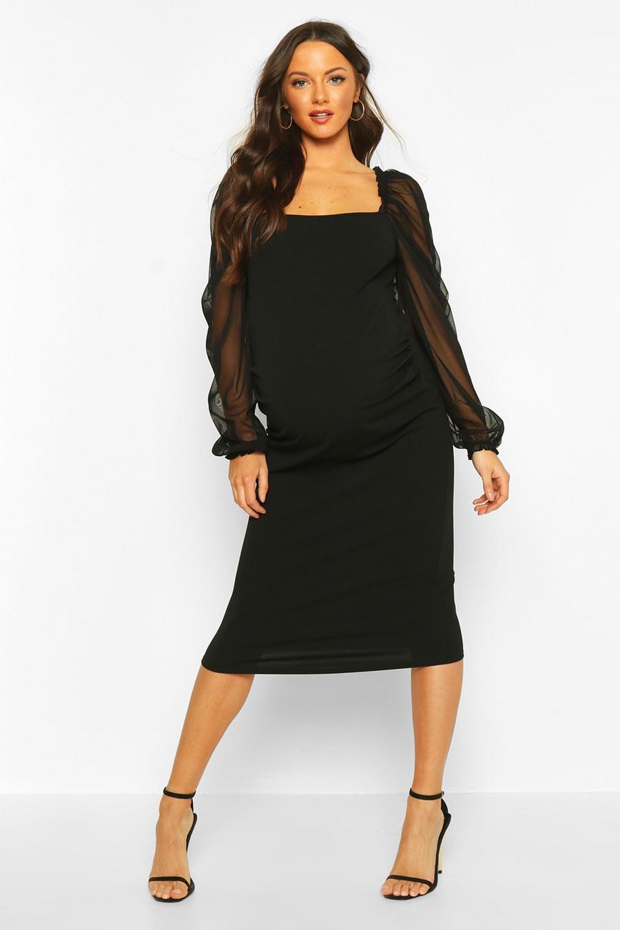 Black schwarz Maternity Organza Puff Sleeve Midi Dress image number 1