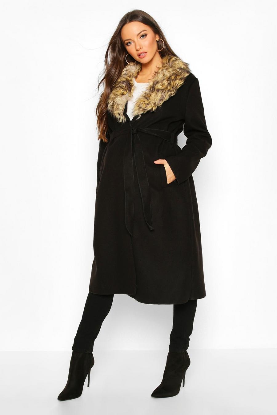 Maternity Faux Fur Collar Belted Wool Look Coat image number 1