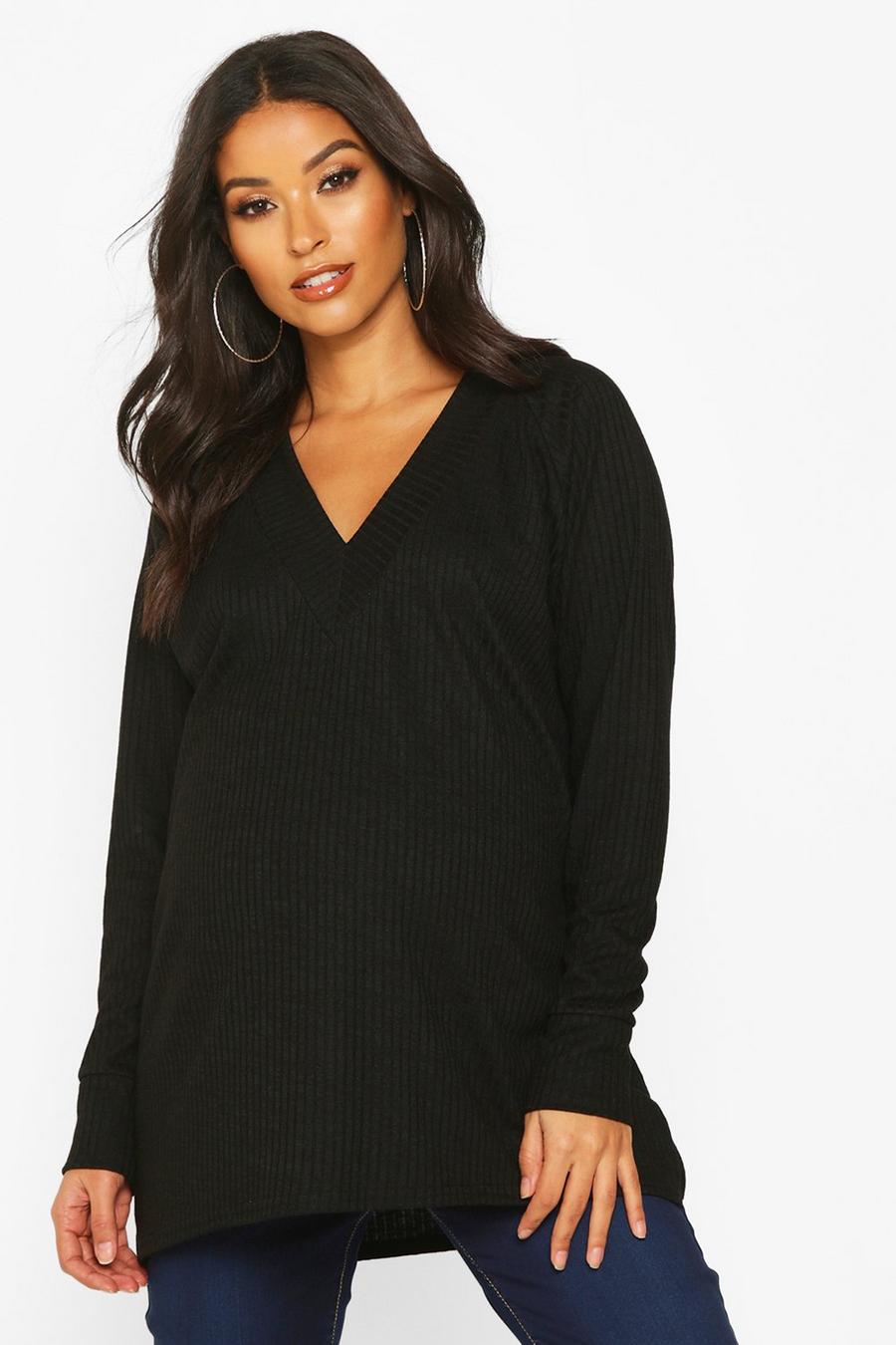 Black Maternity Rib Knit Tunic Sweater image number 1