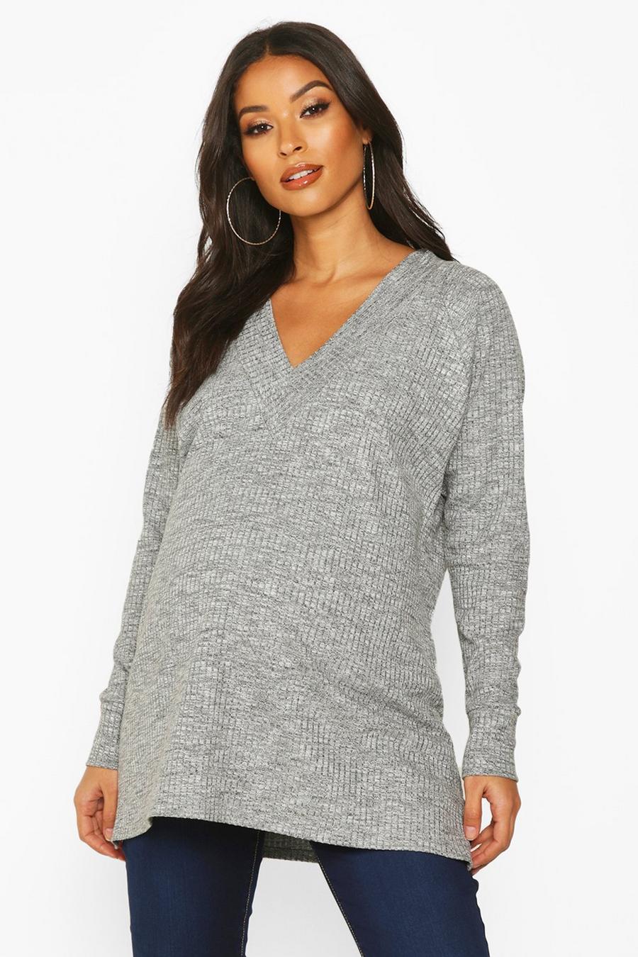 Grey Maternity Rib Knit Tunic Sweater image number 1