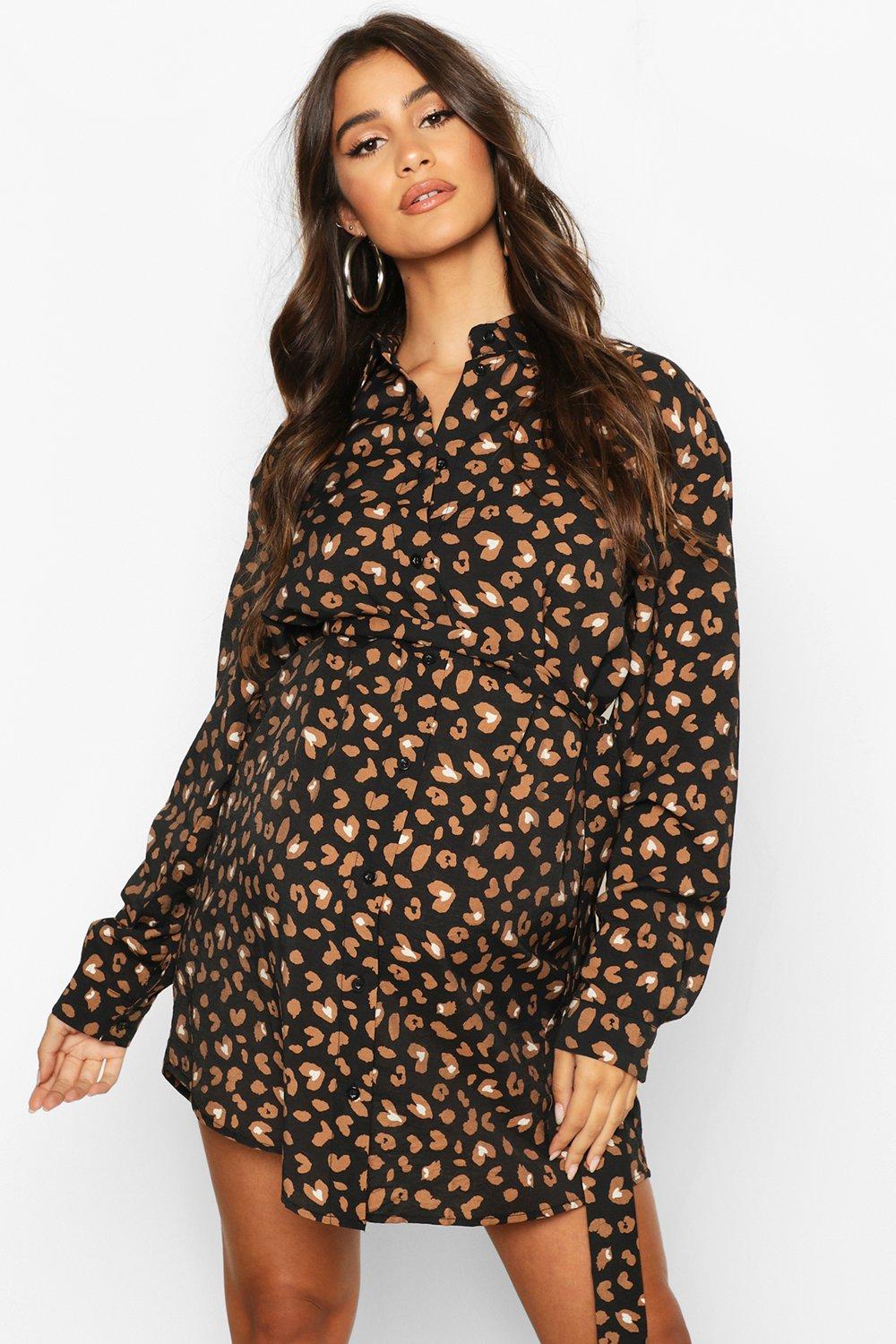 Women s Maternity Animal Print Shirt Dress Boohoo UK