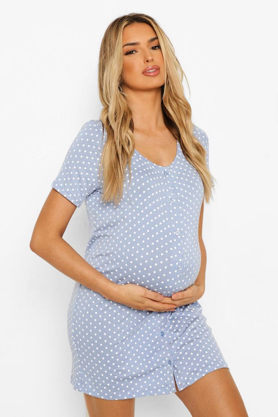Light blue Maternity Polka Dot Button Front Nightgown image number 1