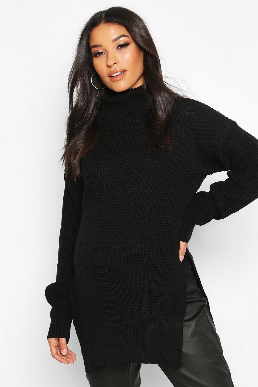 שחור סוודר הנקה צווארון מגולגל עם שסע בצד בגדי היריון image number 1